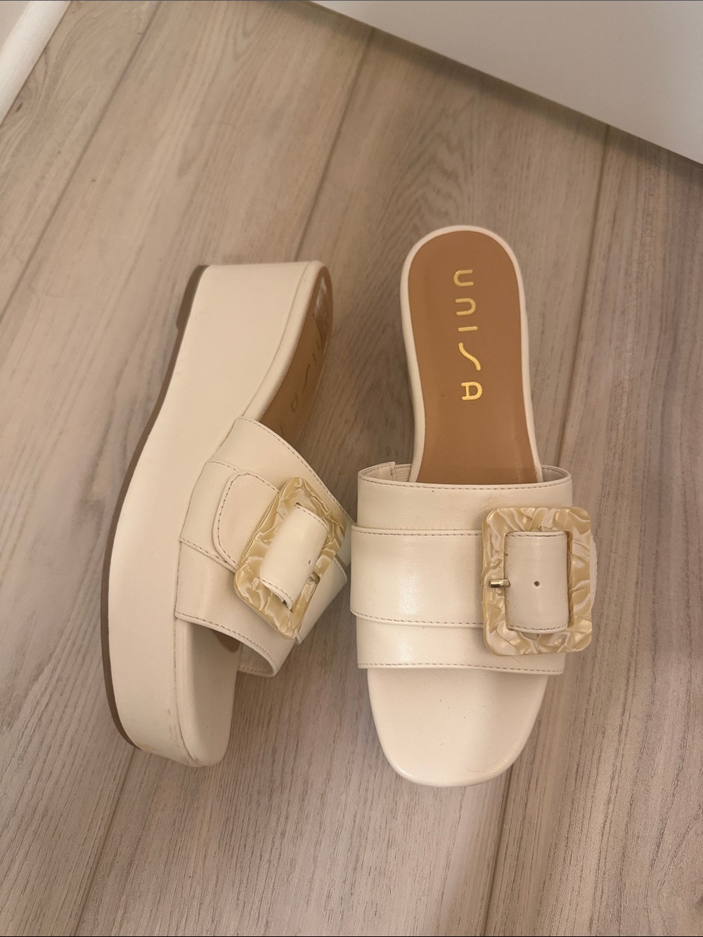 Unisa Cream Platform Slide Mules with Marbled Buckle